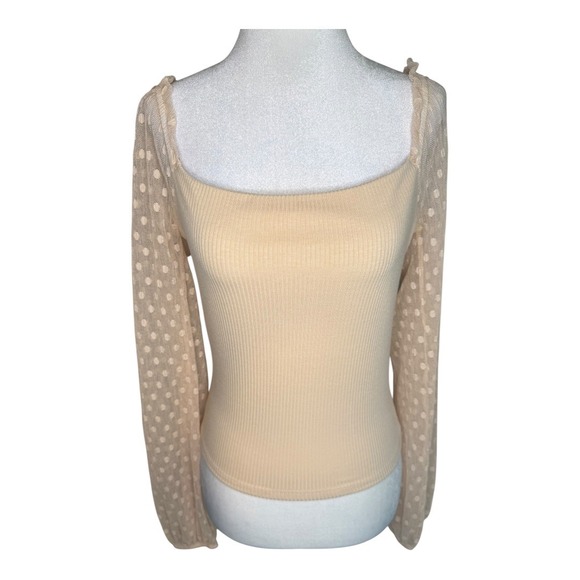 Lush Cream Ribbed Knit Top Polka Dot Mesh Long Sleeve Square Neck Blouse Medium - Picture 1 of 8